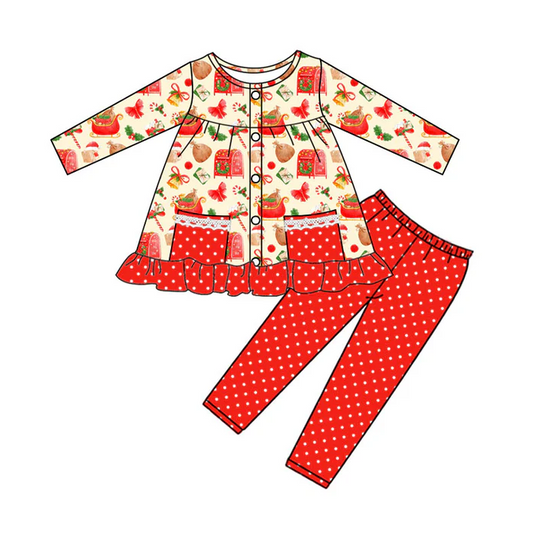 9.3 Preorder (moq 5)Baby Girls Gifts Candy Cane Button Pockets Polka Dots Leggings Christmas Sets