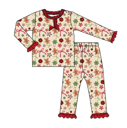 9.3 Preorder (moq 5)Baby Girls Gingerbread Bows Holly Christmas Long Ruffle Sleeve Pajamas Sets