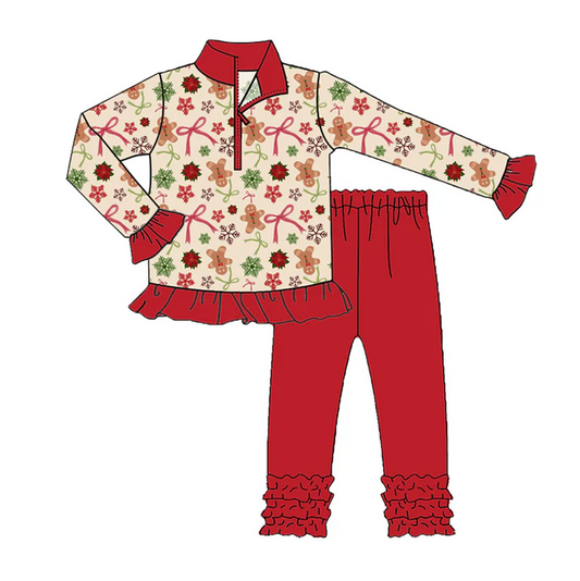 9.3 Preorder (moq 5)Baby Girls Gingerbread Bows Holly Zipper Pullover Ruffle Leggings Christmas Sets
