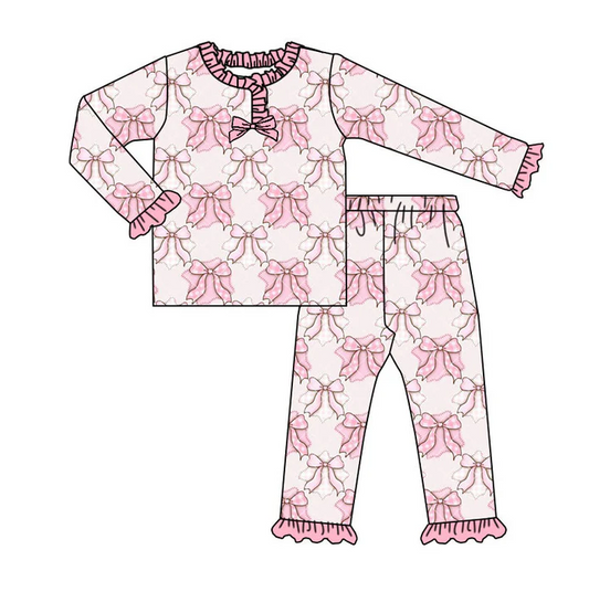 9.3 Preorder (moq 5)Baby Girls Pink Bows Long Ruffle Sleeves Pants Pajamas Sets