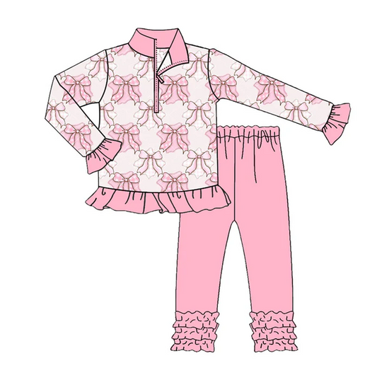 9.3 Preorder (moq 5)Baby Girls Pink Bows Zipper Pullover Ruffle Leggings Pant Clothes Sets