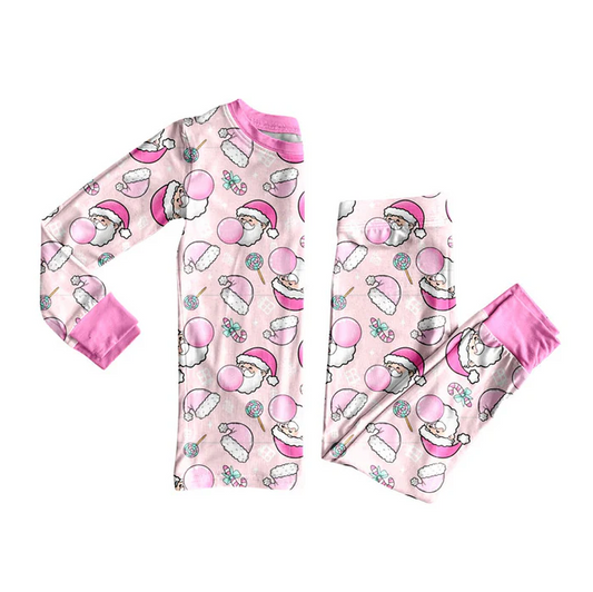 9.3Preorder (moq 5)Baby Girls Pink Santa Candy Cane Christmas Long Sleeves Pajamas Sets