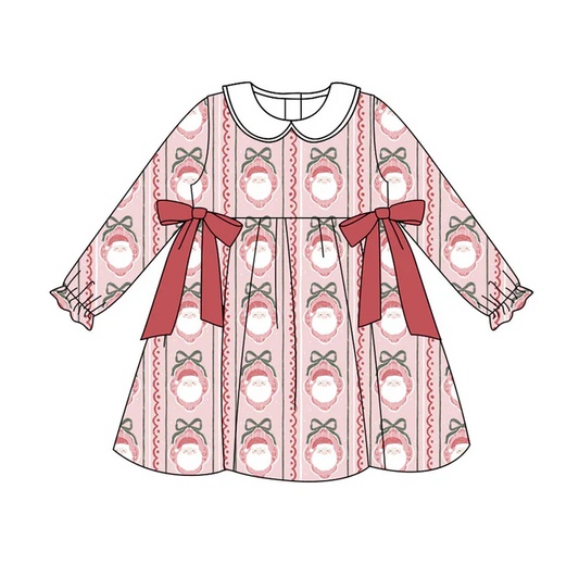 9.3 Preorder (moq 5)Baby Girls Red Bows Santa Stripes Christmas Knee Length Dresses