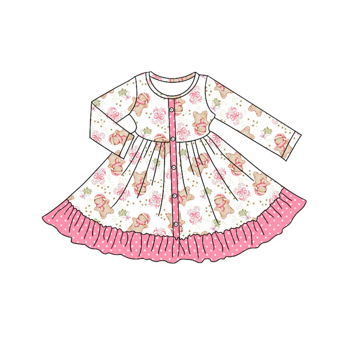 9.3Preorder (moq 5)Baby Girls Gingerbread Candy Cane Button Ruffle Christmas Knee Length Dress