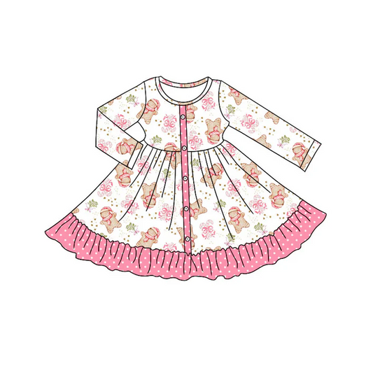 9.3Preorder (moq 5)Baby Girls Gingerbread Candy Cane Button Ruffle Christmas Knee Length Dress