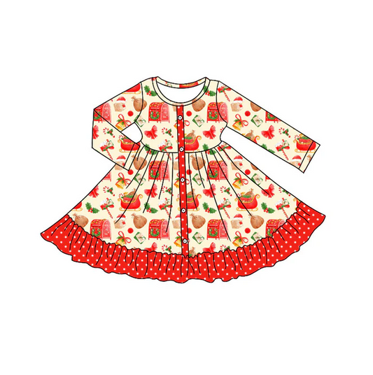 9.3 Preorder (moq 5)Baby Girls Gifts Candy Cane Button Ruffle Christmas Knee Length Dresses