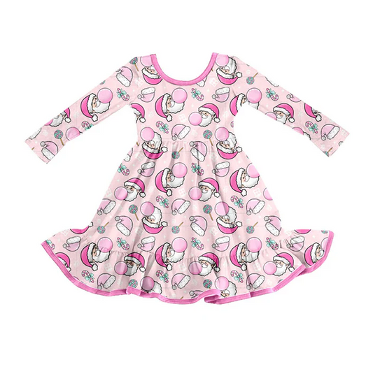 9.3 Preorder (moq 5)Baby Girls Pink Santa Candy Cane Christmas Ruffle Long Sleeves Knee Length Dress