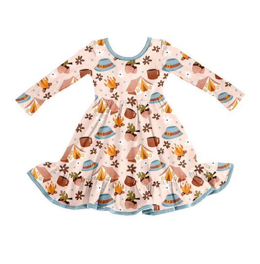9.3 Preorder (moq 5)Baby Girls Hats Fire Adventure Ruffle Long Sleeves Knee Length Dresses
