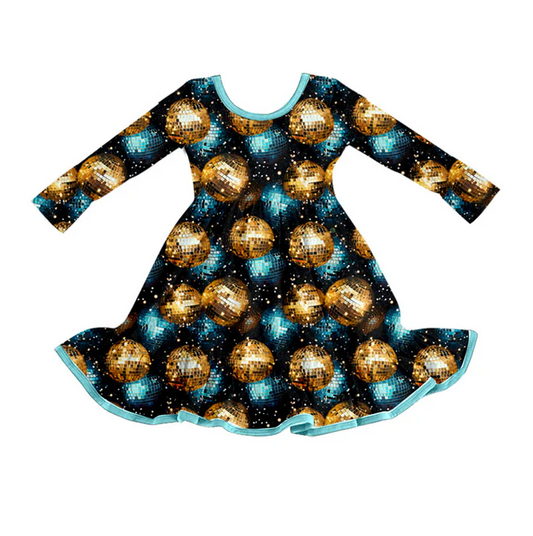9.3 Preorder (moq 5)Baby Girls Gold Balls Happy New Year Ruffle Long Sleeves Knee Length Dress