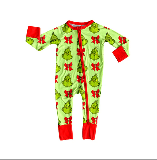 9.3 Preorder(moq 5)Baby Boys Green Face Bows Christmas Zipper Footie Rompers