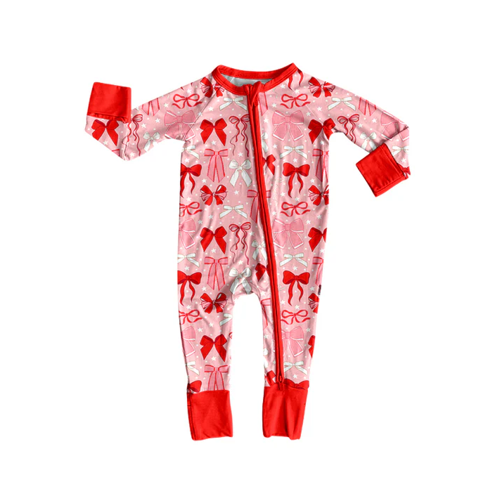 9.3 Preorder(moq 5)Baby Girls Red Bows Zipper Footie Rompers
