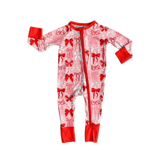 9.3 Preorder(moq 5)Baby Girls Red Bows Zipper Footie Rompers