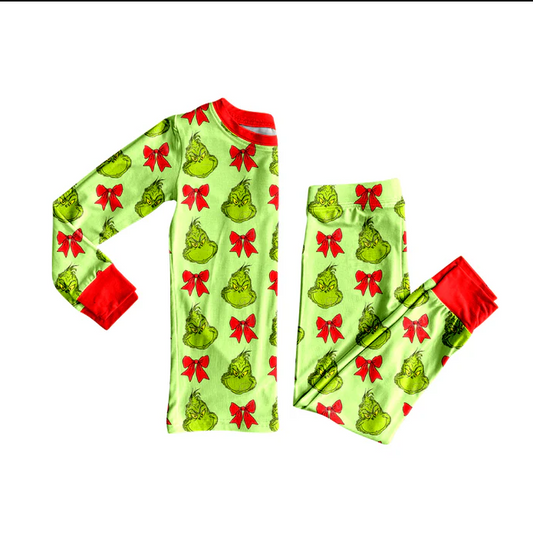 9.3 Preorder (moq 5)Baby Girls Green Face Bows Christmas Long Sleeves Pajamas Sets