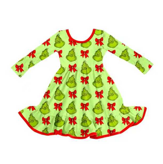 9.3 Preorder (moq 5)Baby Girls Green Face Bows Christmas Ruffle Long Sleeves Knee Length Dresses
