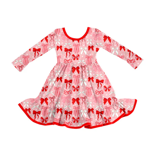 9.3 Preorder (moq 5)Baby Girls Red Bows Ruffle Long Sleeves Knee Length Dresses