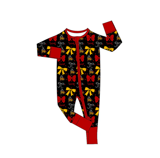 9.3 Preorder(moq 5)Baby Girls Black Vikings Bows Zipper Footie Rompers