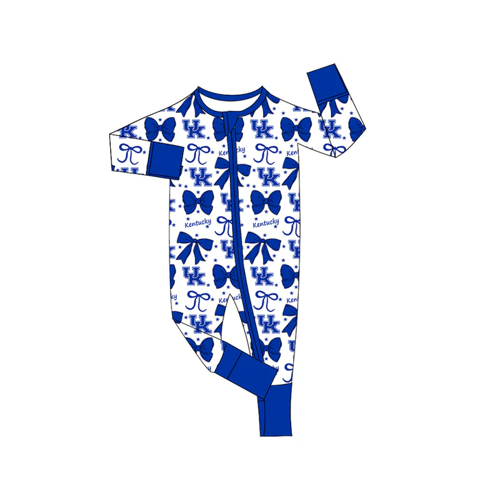 9.3 Preorder(moq 5)Baby Girls Blue Kentucky Bows Zipper Footie Rompers