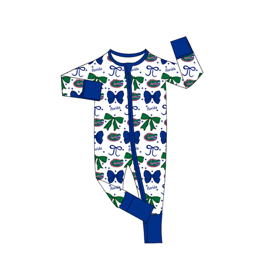 9.3 Preorder(moq 5)Baby Girls Blue Florida Bows Zipper Footie Rompers