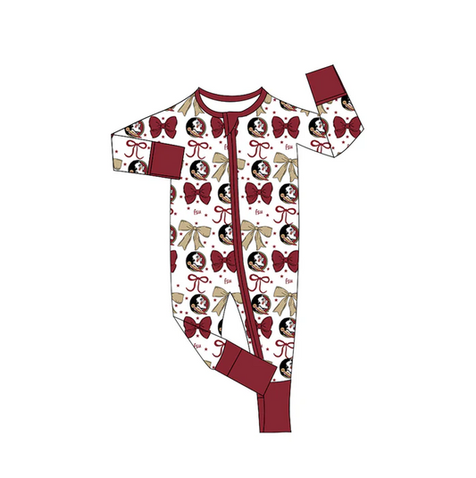 9.3 Preorder(moq 5)Baby Girls Red FSU Bows Zipper Footie Rompers