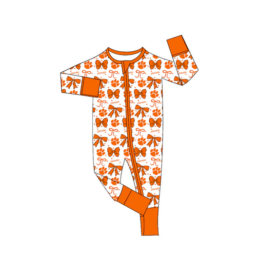 9.3 Preorder(moq 5)Baby Girls Orange Clemson Bows Zipper Footie Rompers