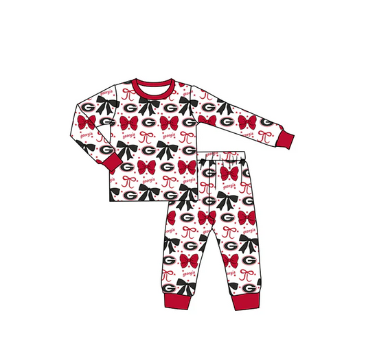 9.3 Preorder (moq 5)Baby Girls Red Georgia Team Bows Top Pants Pajamas Sets