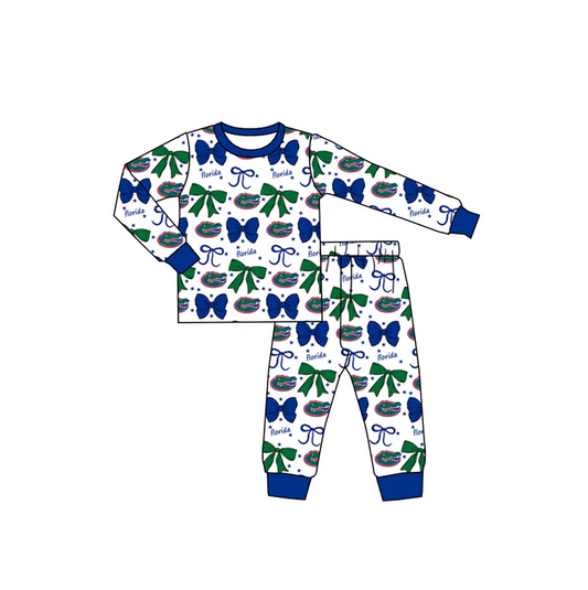 9.3 Preorder (moq 5)Baby Girls Blue Florida Team Bows Top Pants Pajamas Sets