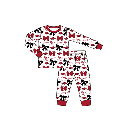 9.3 Preorder (moq 5)Baby Girls Red Arkansas Team Bows Top Pants Pajamas Sets