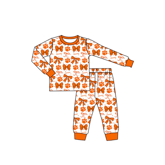 9.3 Preorder (moq 5)Baby Girls Orange Clemson Team Bows Top Pants Pajamas Sets