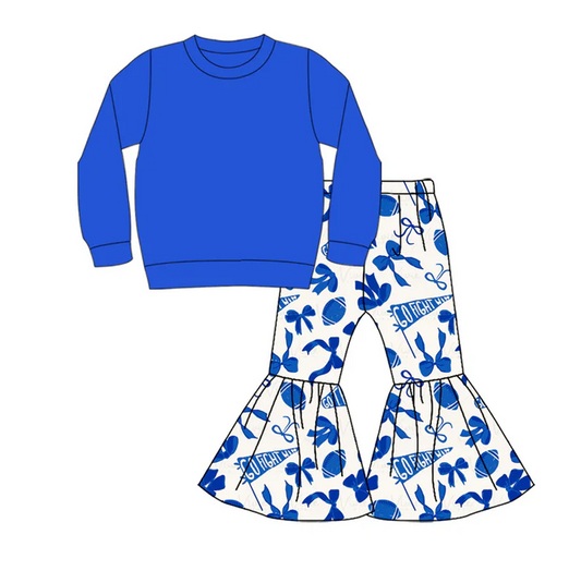 9.3 Preorder (moq 5)Baby Girls Blue Top Team Cheer Go Fight With Flag Bows Bell Bottom Pants Sets