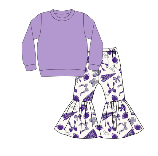 9.3 Preorder (moq 5)Baby Girls Lavender Top Team Cheer Go Fight With Flag Bows Bell Bottom Pants Sets