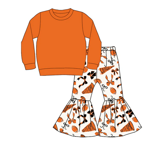 9.3 Preorder (moq 5)Baby Girls Orange Top Team Cheer Go Fight With Flag Bows Bell Bottom Pants Sets