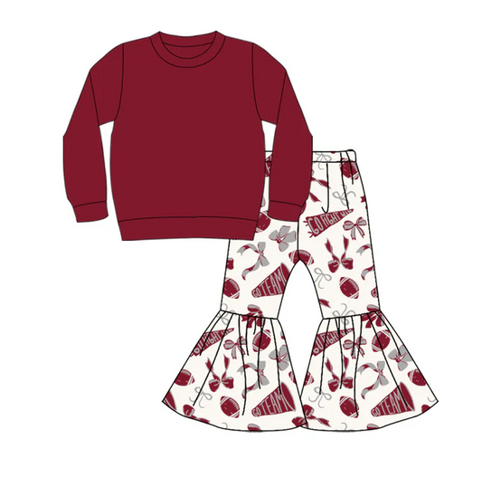 9.3 Preorder (moq 5)Baby Girls Wine Top Team Cheer Go Fight With Flag Bows Bell Bottom Pants Sets