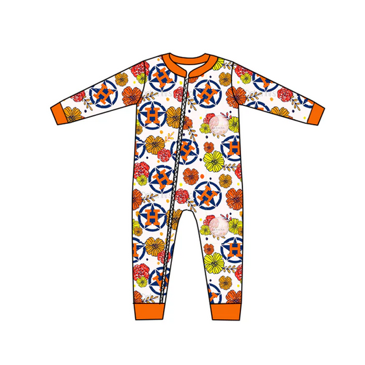 9.4  Baby Girls Flowers Team Orange H Zip Long Sleeve Rompers preorder(moq 5)