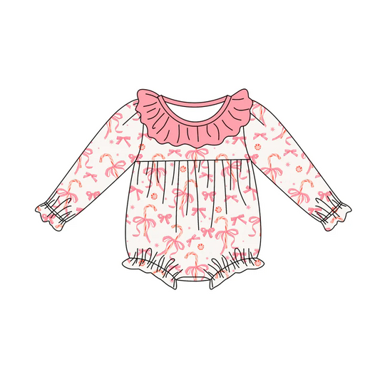 9.4 Preorder moq 5 Baby Infant Girls Long Sleeves Pink Bows Candy Cane Plaid Ruffle Romper