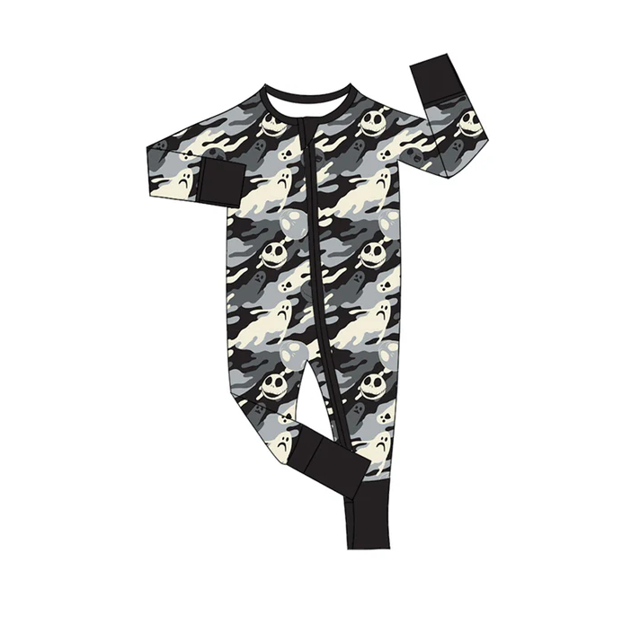 9.4 Preorder moq 5 Baby Infant Boys Long Sleeves Black Camo Ghost Skulls Plaid Zipper Romper