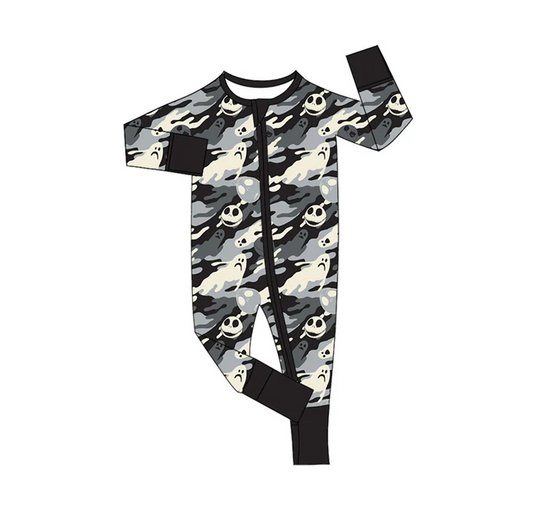 9.4 Preorder moq 5 Baby Infant Boys Long Sleeves Black Camo Ghost Skulls Plaid Zipper Romper