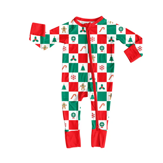 9.4 Preorder moq 5 Baby Infant Boys Long Sleeves Gingerbread Trees Red Green Plaid Zipper Romper