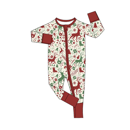 9.4 Preorder moq 5 Baby Infant Boys Long Sleeves Red Deer Lights Polka Dots Zipper Romper
