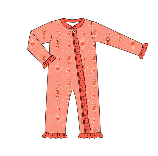 9.4 Preorder (moq 5)Baby Girls Long Sleeves Peach Candy Cane Dancers Plaid Ruffle Zipper Romper