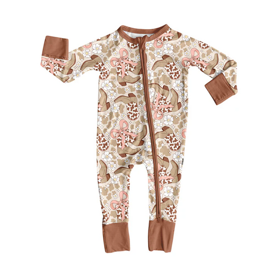 9.4 Preorder (moq 5)Baby Girls Long Sleeves Brown Cow Print Bows Boots Flowers Zipper Romper
