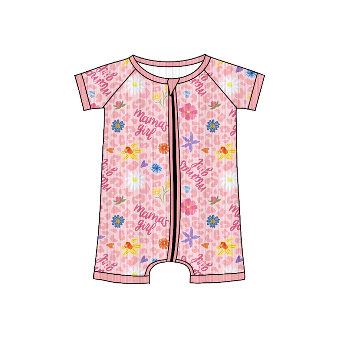 9.4 Preorder (moq 5)Baby Girls Long Sleeves Pink Short Sleeves Mama's Girls Flowers Zipper Romper