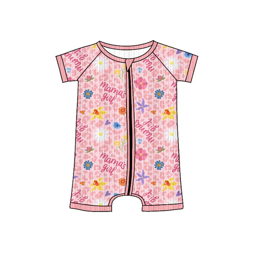 9.4 Preorder (moq 5)Baby Girls Long Sleeves Pink Short Sleeves Mama's Girls Flowers Zipper Romper