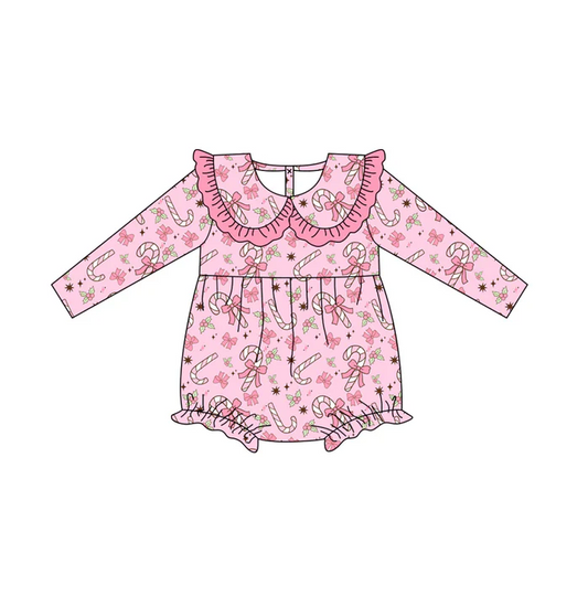 9.4 Preorder (moq 5)Baby Girls Long Sleeves Pink Bows Candy Cane Holly Plaid Ruffle Romper