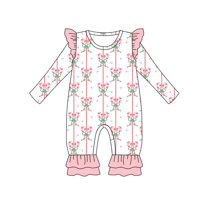 9.4 Preorder (moq 5)Baby Girls Long Sleeves Pink Bows Candy Cane Stripe Ruffle Pant Romper