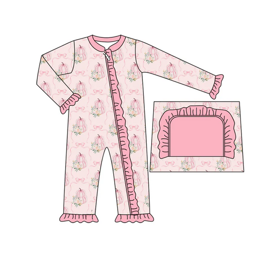 9.4 Preorder moq 5 Baby Infant Girls Long Sleeves Pink Bows Pumpkins Plaid Ruffle Zipper Romper