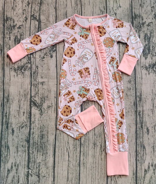 9.4 Preorder (moq 20)Baby Girls Bamboo Long Sleeves Milk Cookie Christmas Ruffle Zipper Rompers