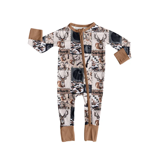 9.4 Preorder moq 5 Baby Infant Boys Long Sleeves Khaki Deer Camo Western Zipper Romper