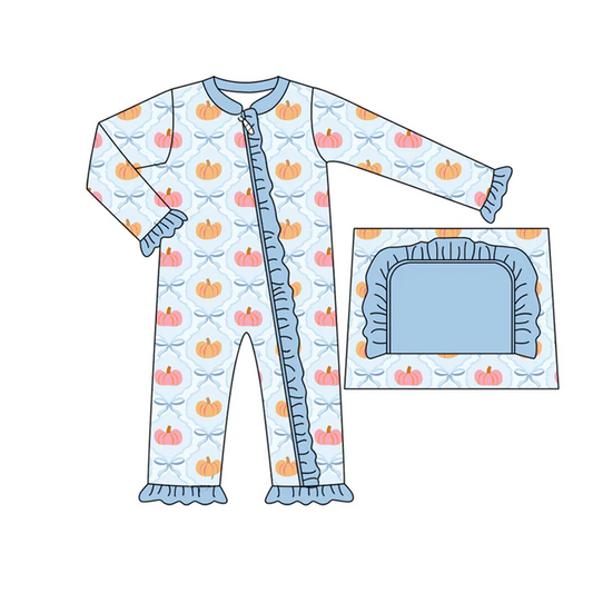 9.4 Preorder moq 5 Baby Infant Girls Long Sleeves Bows Pumpkins Plaid Ruffle Zipper Romper
