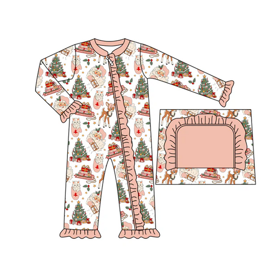 9.4 Preorder moq 5 Baby Infant Girls Long Sleeves Deer Santa Trees Ruffle Zipper Romper