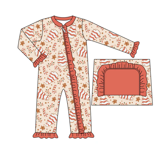 9.4 Preorder moq 5 Baby Infant Girls Long Sleeves Candy Cane Gingerbread Ruffle Zipper Romper